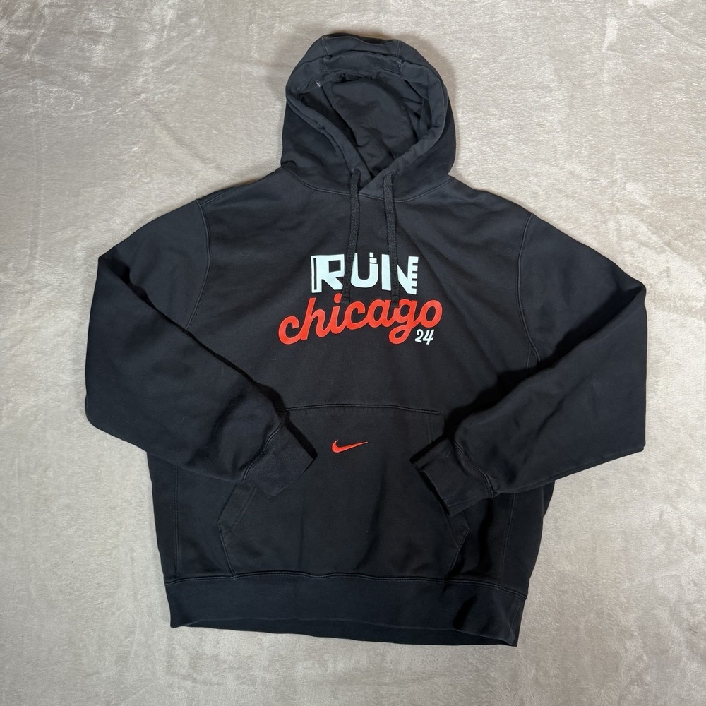 Nike RUN Chicago 24 Hoodie Men’s Large Black Red Swoosh Running Pullover